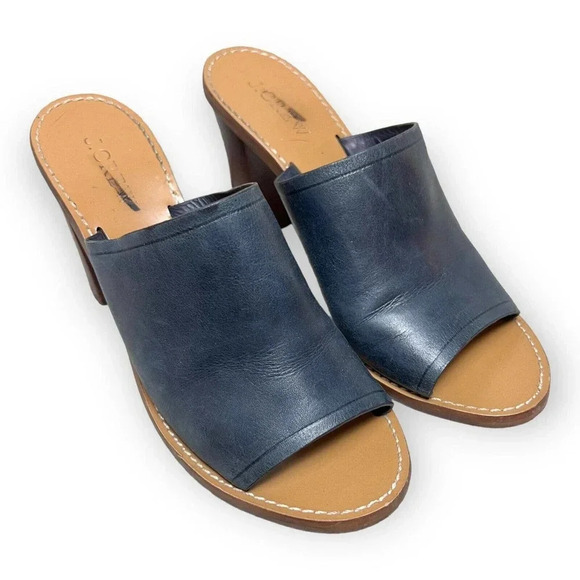 J. Crew Womens Blue Leather Marlow Mules Sz 6.5 Block Heel Preppy Classic - Picture 1 of 9